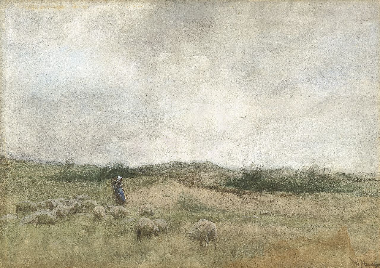 Mauve A.  | Anthonij 'Anton' Mauve, A shepherdess tending to her flock, Aquarell auf Papier 25,7 x 36,3 cm, signed l.r.