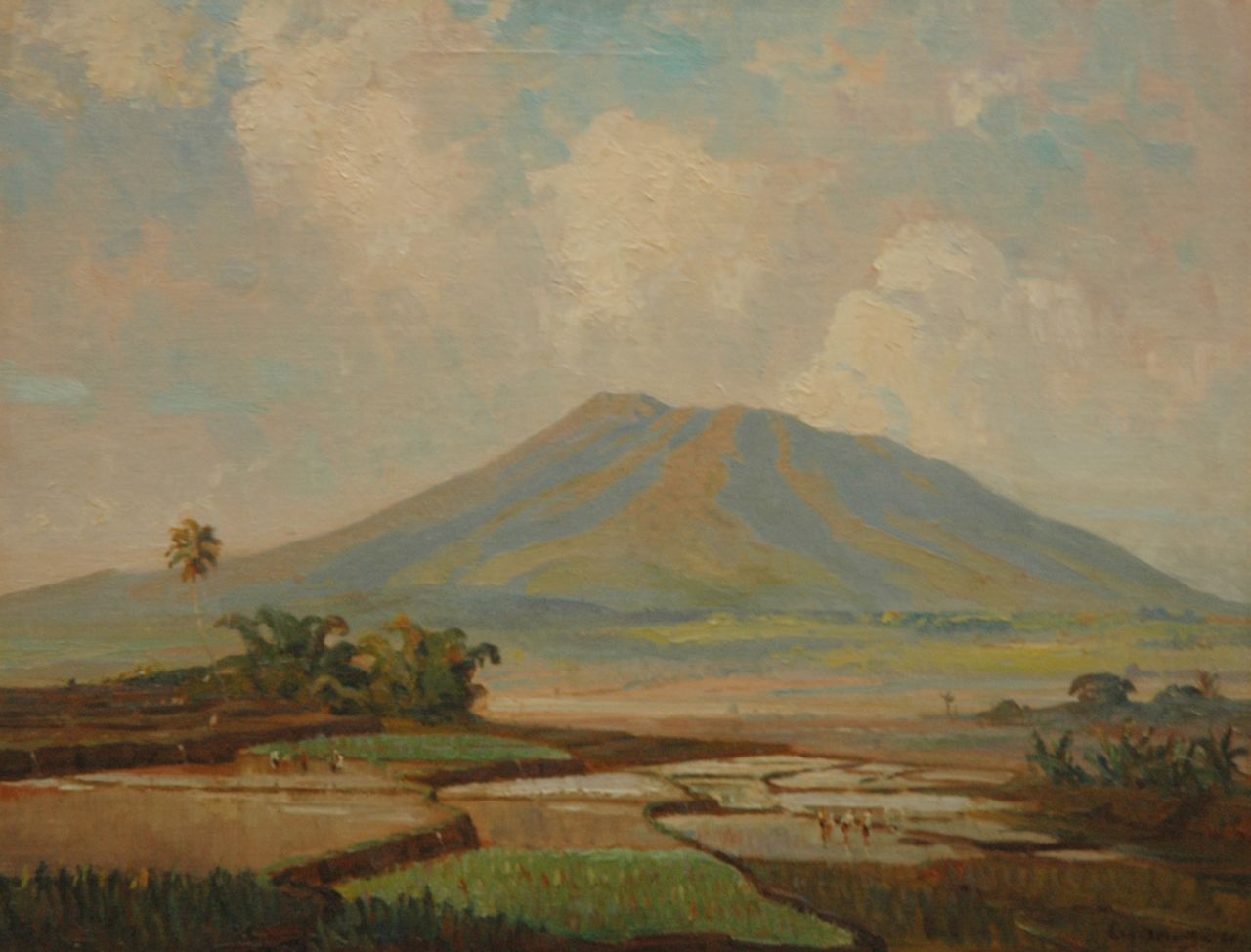 Dezentjé E.  | Ernest Dezentjé, Pickers in the ricefields near a vulcano, Öl auf Leinwand  auf Holzfaser 46,9 x 60,5 cm, signed l.r. und dated '28