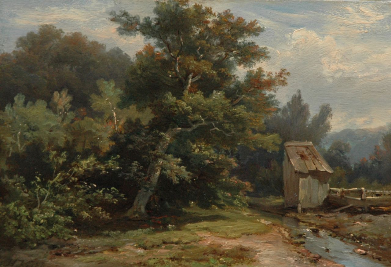 Koekkoek H.  | Hermanus Koekkoek, A wooded landscape with a stream and shed, Öl auf Holz 14,1 x 20,1 cm, signed l.l.
