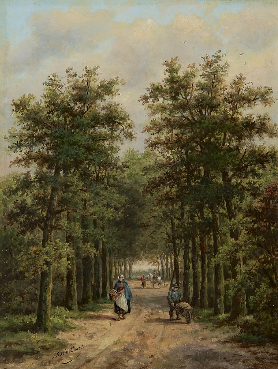 Voorn Boers S.T.  | Sebastiaan Theodorus Voorn Boers, Land folk on a sunny forest path, Öl auf Holz 34,0 x 25,6 cm, signed l.l.
