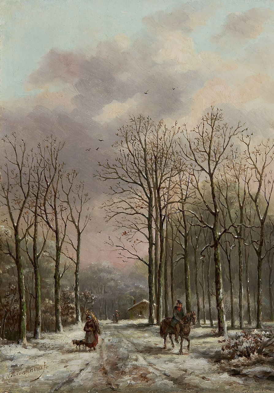 Voorn Boers S.T.  | Sebastiaan Theodorus Voorn Boers, A wooded path with figures, Öl auf Holz 32,6 x 24,3 cm, signed l.l.
