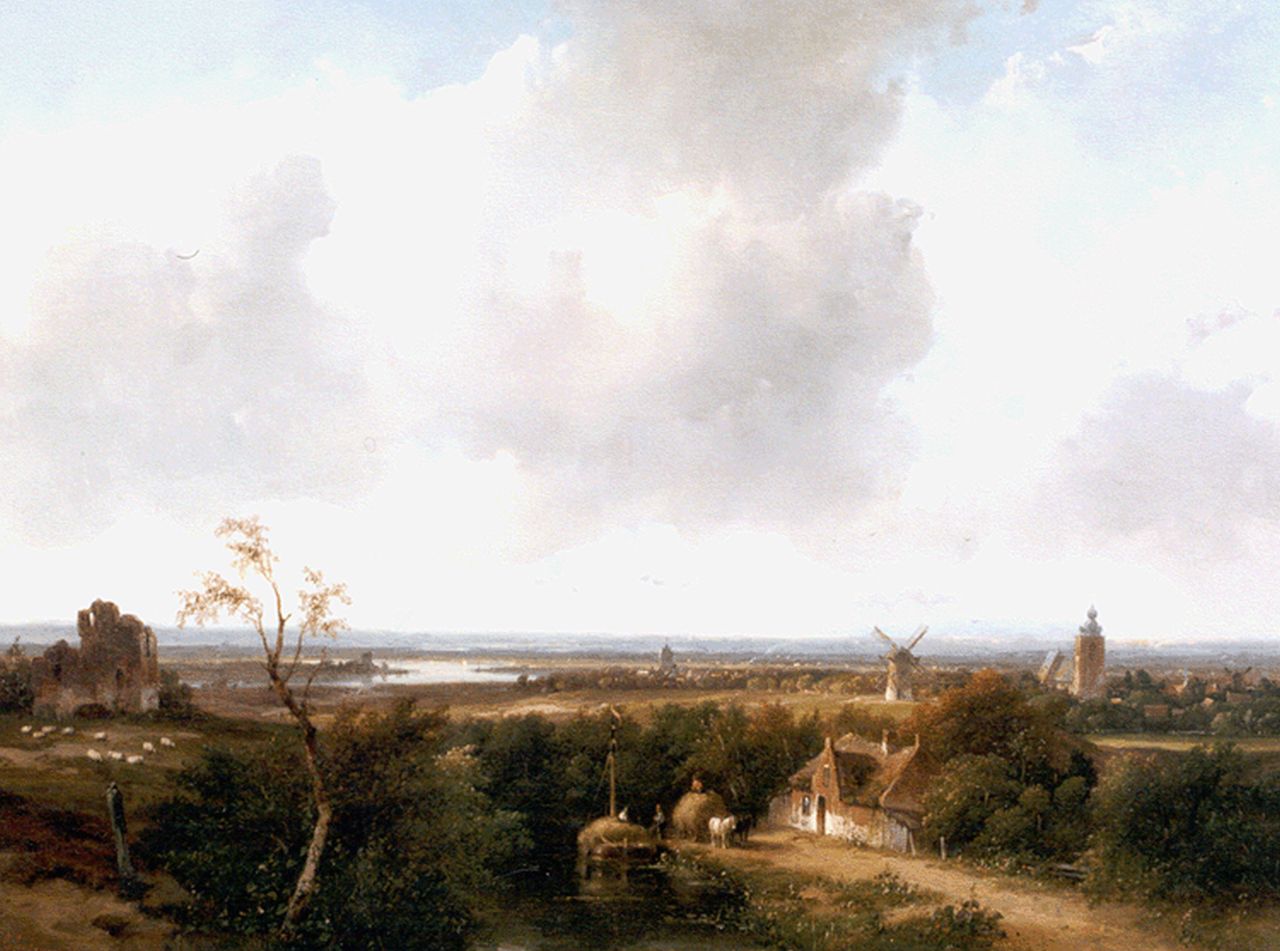 Schelfhout A.  | Andreas Schelfhout, A panoramic summer landscape with the ruin of Brederode, Öl auf Holz 34,4 x 43,8 cm, signed l.l. und dated '59