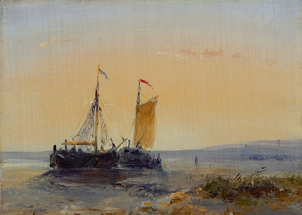 Hans J.G.  | Josephus Gerardus Hans, Two fishing vessels on the beach at sunset, Öl auf Holz 9,0 x 12,5 cm