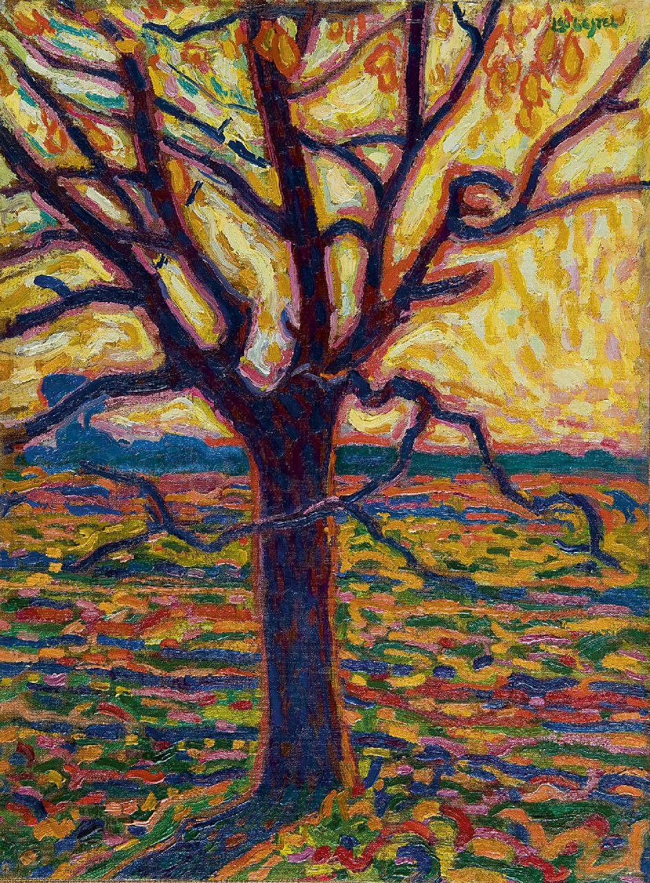 Gestel L.  | Leendert 'Leo' Gestel, A tree in autumn, Öl auf Leinwand  auf Holzfaser 52,4 x 38,5 cm, signed u.r. und painted ca. 1909-1910
