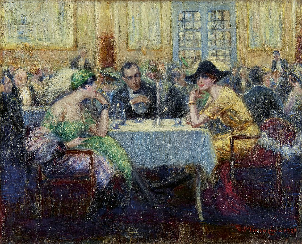 Minonzio G.  | Giuseppe Minonzio, In the Grand Café, Öl auf Leinwand 40,2 x 50,0 cm, signed l.r. und dated 1920