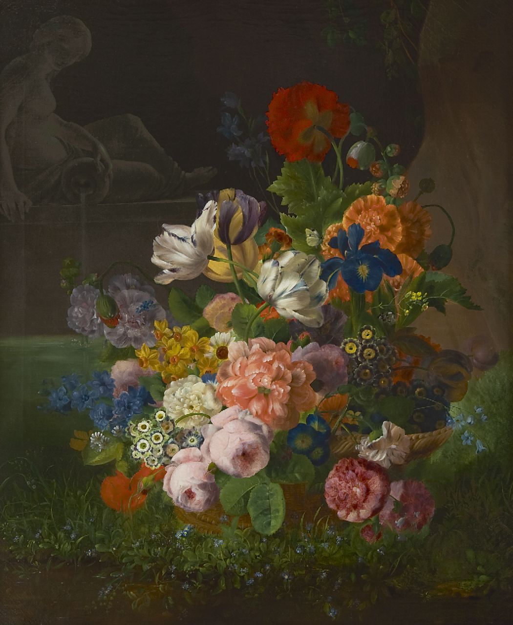 Geit F. van | François van Geit, Flowers in a basket by a pond, Öl auf Leinwand 96,8 x 80,3 cm