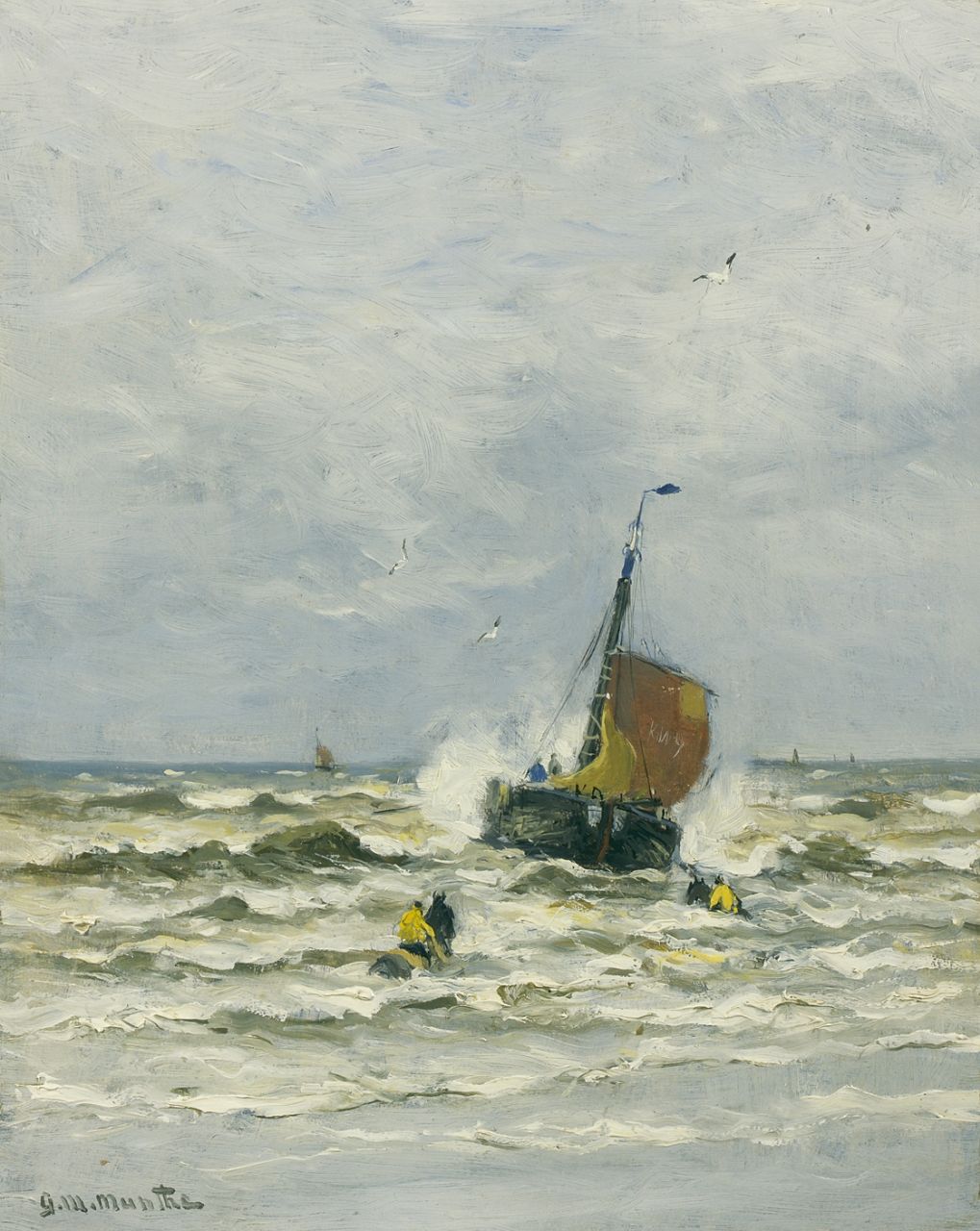 Munthe G.A.L.  | Gerhard Arij Ludwig 'Morgenstjerne' Munthe, Fishing ships setting out, Öl auf Holzfaser 40,0 x 32,0 cm, signed l.l.