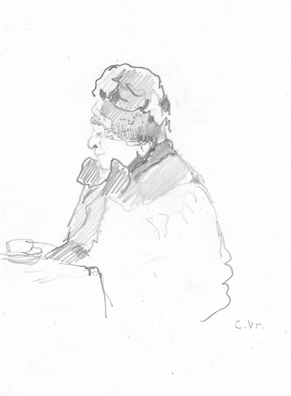 Vreedenburgh C.  | Cornelis Vreedenburgh | Aquarelle und Zeichnungen zum Verkauf angeboten | Studie einer Frau in Pelzhütchen, Bleistift auf Papier 12,8 x 9,5 cm, Unterzeichnet r.u. mit Initialen