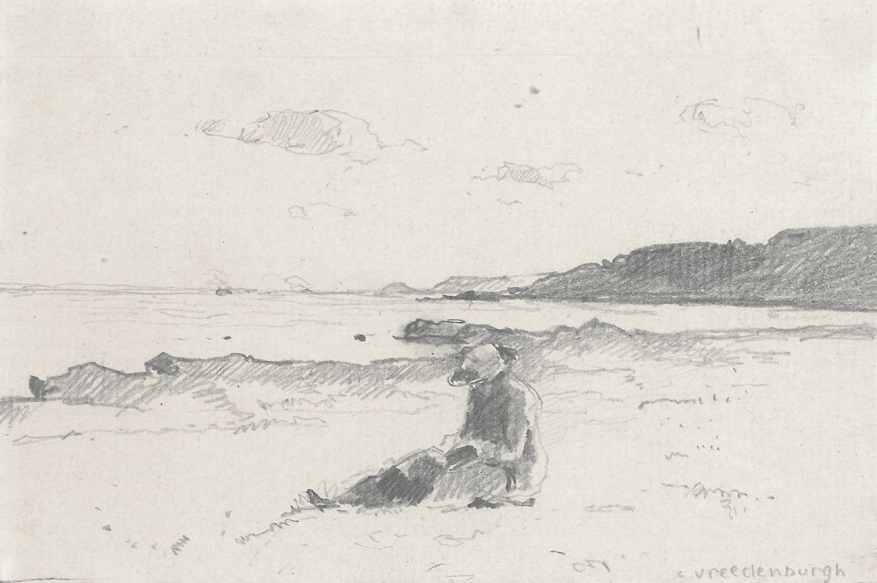 Vreedenburgh C.  | Cornelis Vreedenburgh, Frau lesend am Strand, Bleistift auf Papier 9,1 x 14,0 cm, Unterzeichnet u.r.