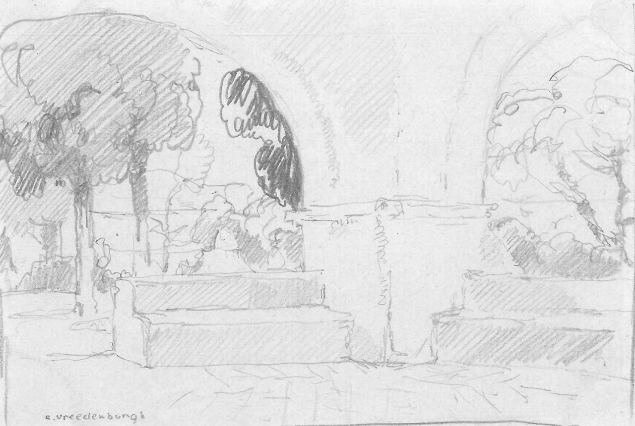 Vreedenburgh C.  | Cornelis Vreedenburgh | Aquarelle und Zeichnungen zum Verkauf angeboten | Klosterhof, Bleistift auf Papier 9,1 x 13,8 cm, Unterzeichnet l.u.