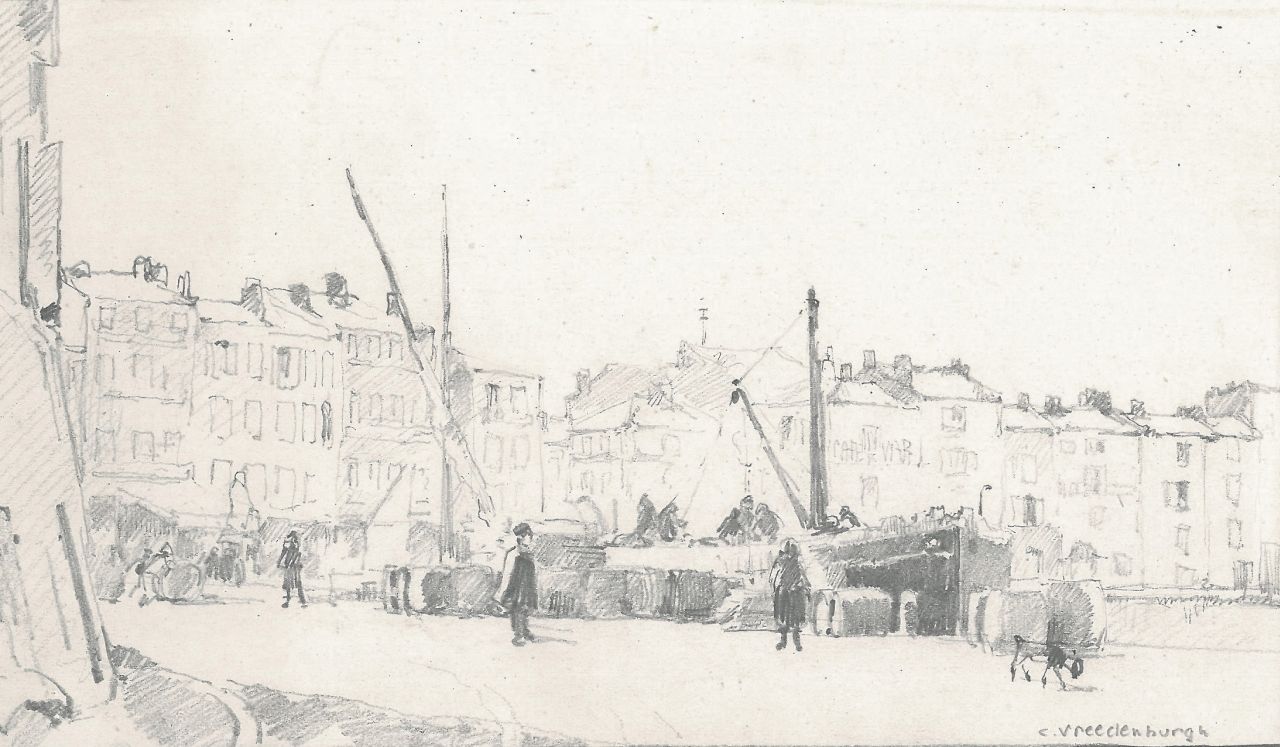 Vreedenburgh C.  | Cornelis Vreedenburgh, Ein- und ausladen einer Fracht am Kai, Bleistift auf Papier 10,9 x 18,9 cm, Unterzeichnet u.r.