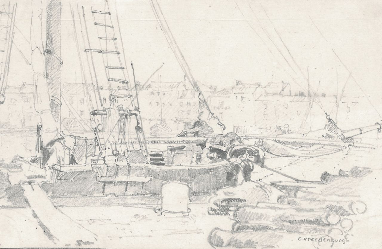 Vreedenburgh C.  | Cornelis Vreedenburgh, Frachtschiff am Kai, Bleistift auf Papier 12,7 x 19,9 cm, Unterzeichnet r.u.