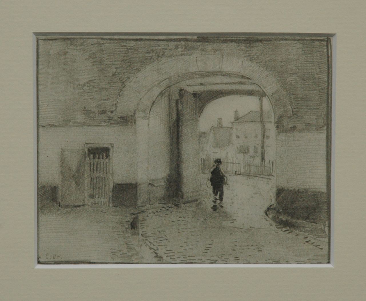 Vreedenburgh C.  | Cornelis Vreedenburgh, A figure walking through a towngate, Bleistift auf Papier 12,5 x 15,8 cm, signed l.l. with initials