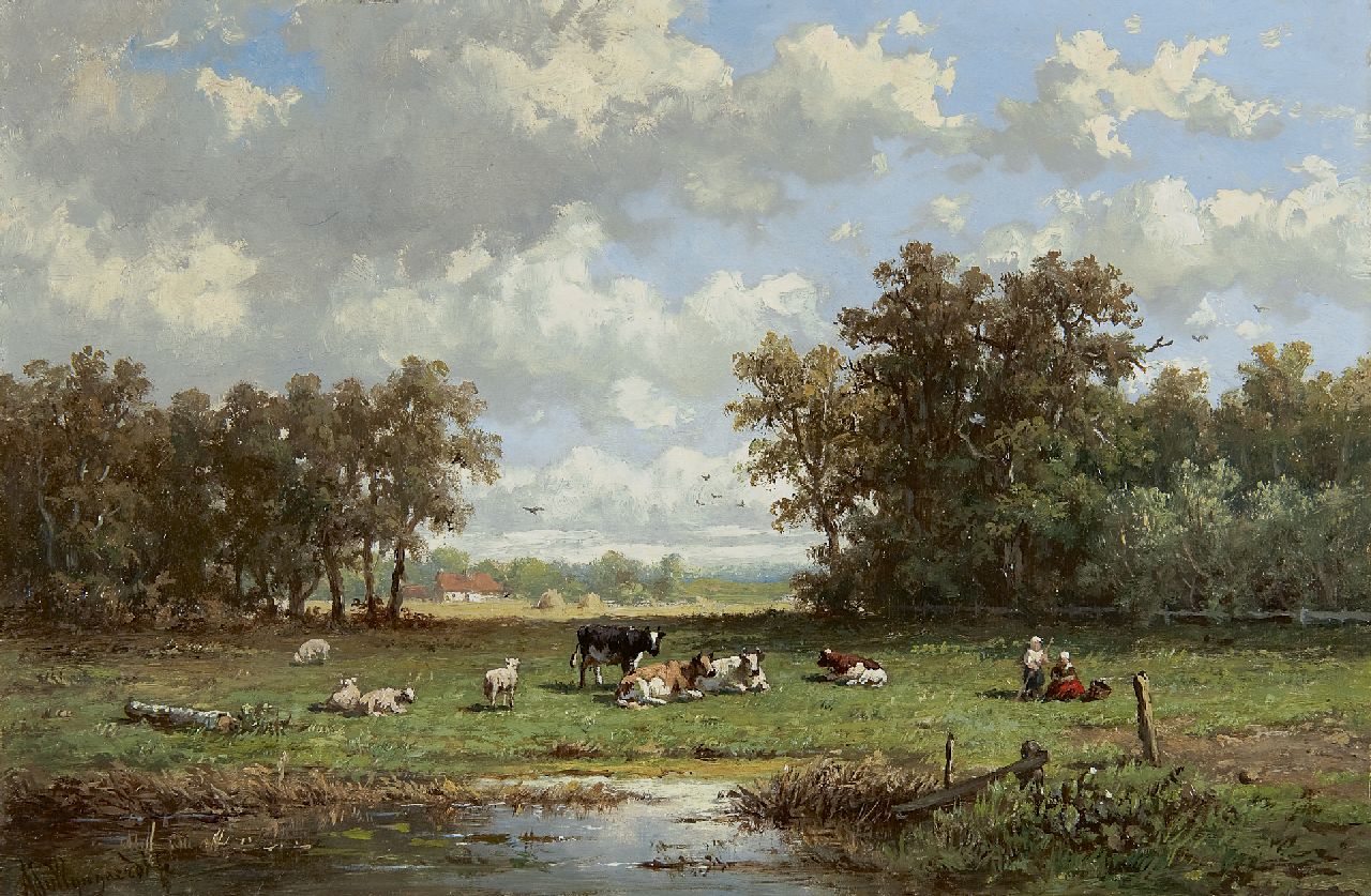 Wijngaerdt A.J. van | Anthonie Jacobus van Wijngaerdt, Landscape with cows and a shepherdess, Öl auf Holz 23,6 x 35,7 cm, signed l.l.