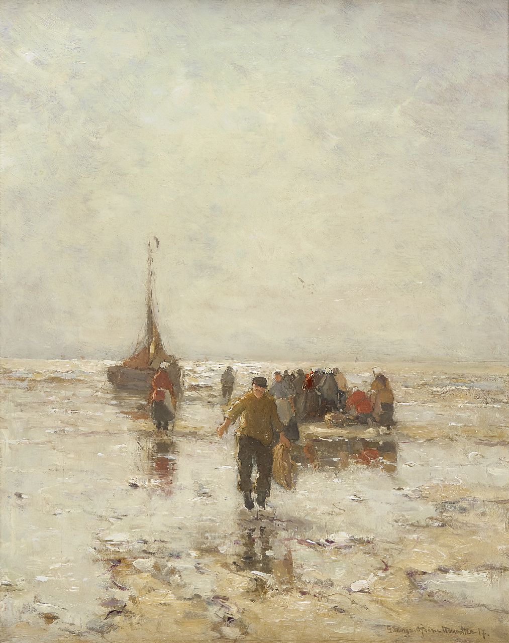 Munthe G.A.L.  | Gerhard Arij Ludwig 'Morgenstjerne' Munthe, After the day's catch by low tide, Öl auf Leinwand 51,3 x 40,5 cm, signed l.r. und dated '17