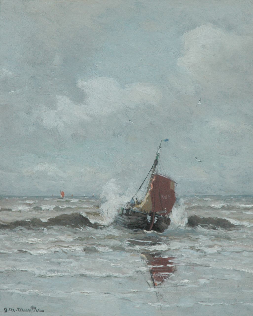 Munthe G.A.L.  | Gerhard Arij Ludwig 'Morgenstjerne' Munthe, Ship at sea, Katwijk, Öl auf Holz 40,0 x 32,1 cm, signed l.l.