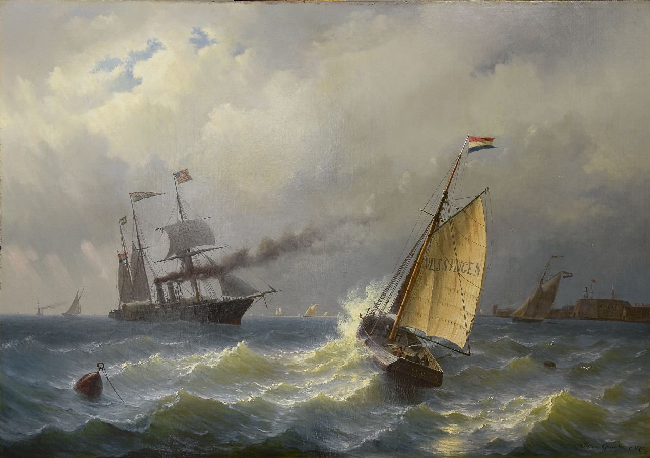Gruijter jr. W.  | Willem Gruijter jr., Sailing ships off Vlissingen, Öl auf Leinwand 90,8 x 131,8 cm, signed l.r. in full and with monogram on the ship und dated 1870