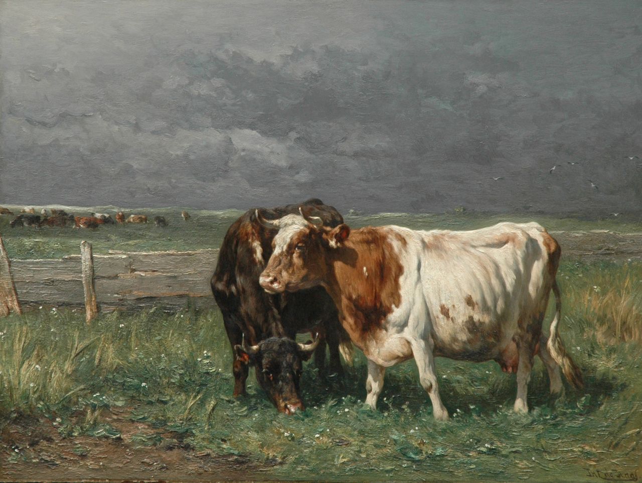 Haas J.H.L. de | Johannes Hubertus Leonardus de Haas, Cattle in a meadow, Öl auf Holz 74,5 x 100,2 cm, signed l.r.