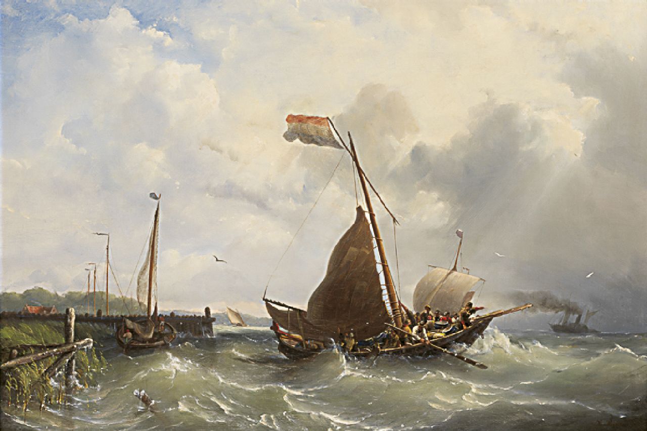 Riegen N.  | Nicolaas Riegen, Sailing vessels and a steamer leaving port, Öl auf Leinwand 59,5 x 87,1 cm, signed l.r.