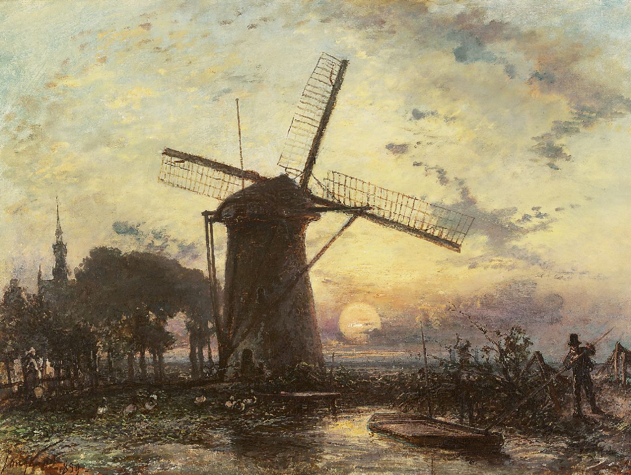Jongkind J.B.  | Johan Barthold Jongkind, Mühle bei Sonnenuntergang in der Nähe von Overschie, Öl auf Leinwand 42,3 x 56,2 cm, Unterzeichnet l.u. und datiert 1859