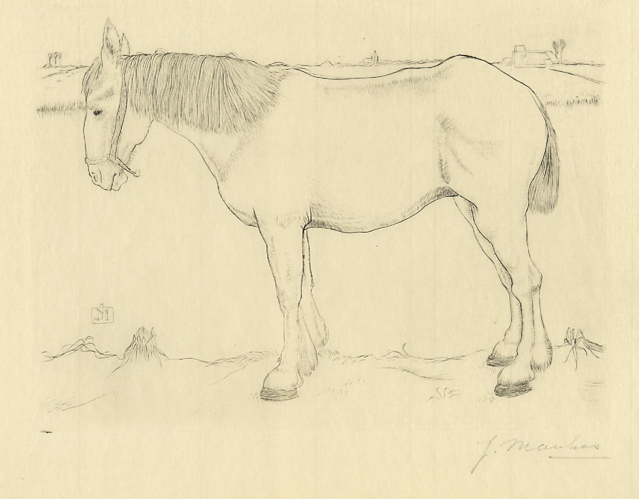 Mankes J.  | Jan Mankes, Standing horse, Kupferstich auf Papier 14,0 x 17,5 cm, signed l.r. in full (in pencil) and with mon. n the plate und executed in 1917