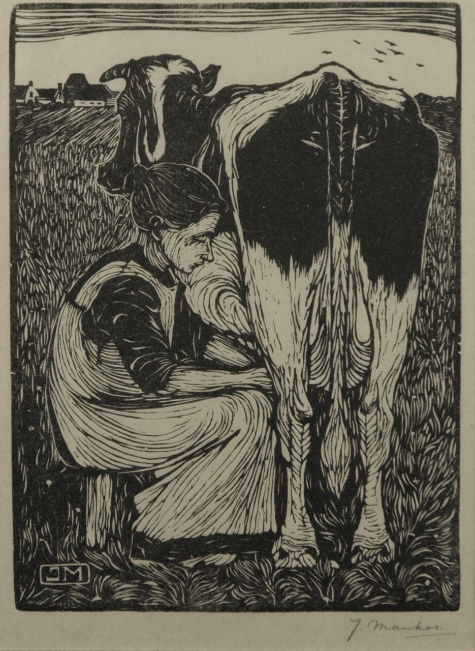 Mankes J.  | Jan Mankes, Woman milking a cow, Holzstich auf Papier 19,1 x 14,2 cm, signed l.r. in full (in pencil) and w. mon. in the block und executed in 1914