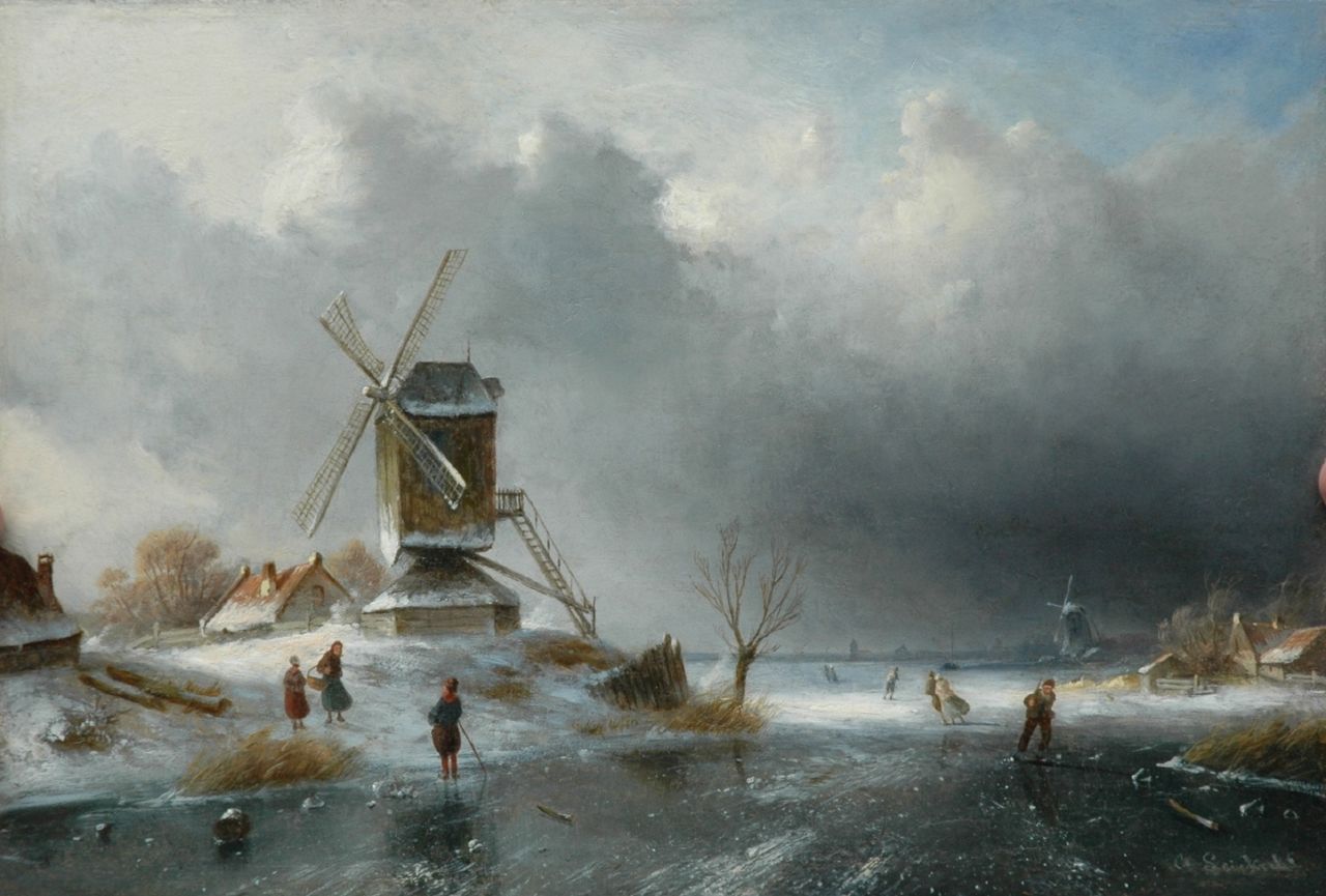 Leickert C.H.J.  | 'Charles' Henri Joseph Leickert, A windmill along a frozen river, Öl auf Holz 26,0 x 38,0 cm, signed l.r.