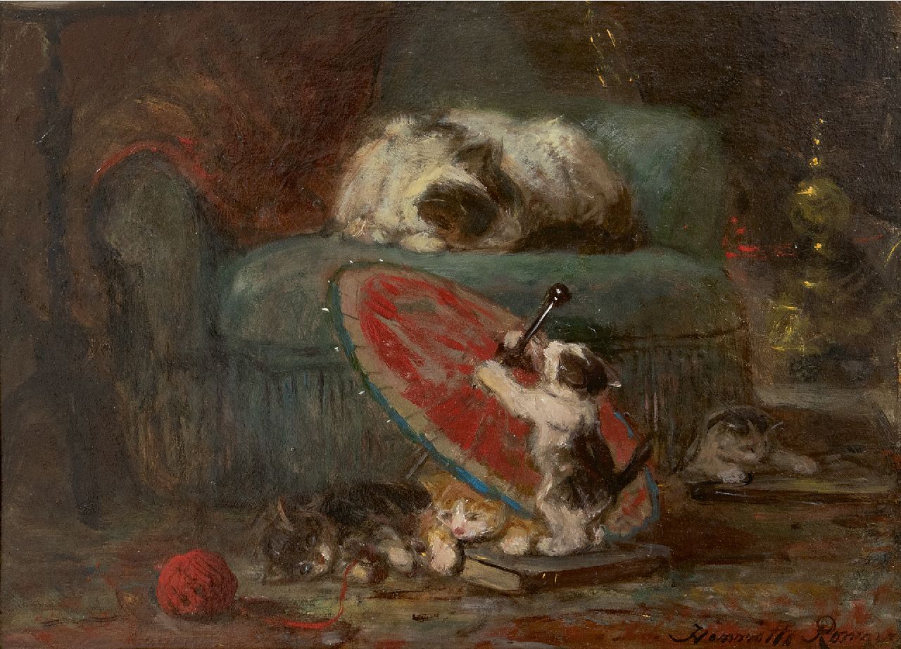 Ronner-Knip H.  | Henriette Ronner-Knip, Spielende Kätzchen mit einem japanischen Sonnenschirm, Öl auf Papier auf Holz 27,3 x 36,8 cm, Unterzeichnet r.u. und l.u. und zu datieren um 1890