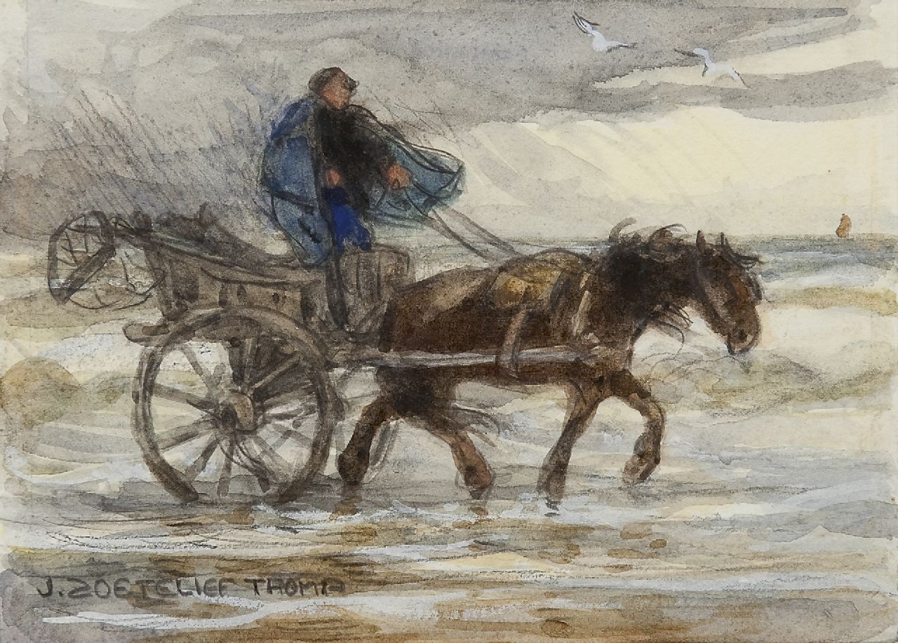 Zoetelief Tromp J.  | Johannes 'Jan' Zoetelief Tromp, Shell fisherman with horse-and-carriage, Bleistift und Aquarell auf Papier 12,7 x 16,8 cm, signed l.l.