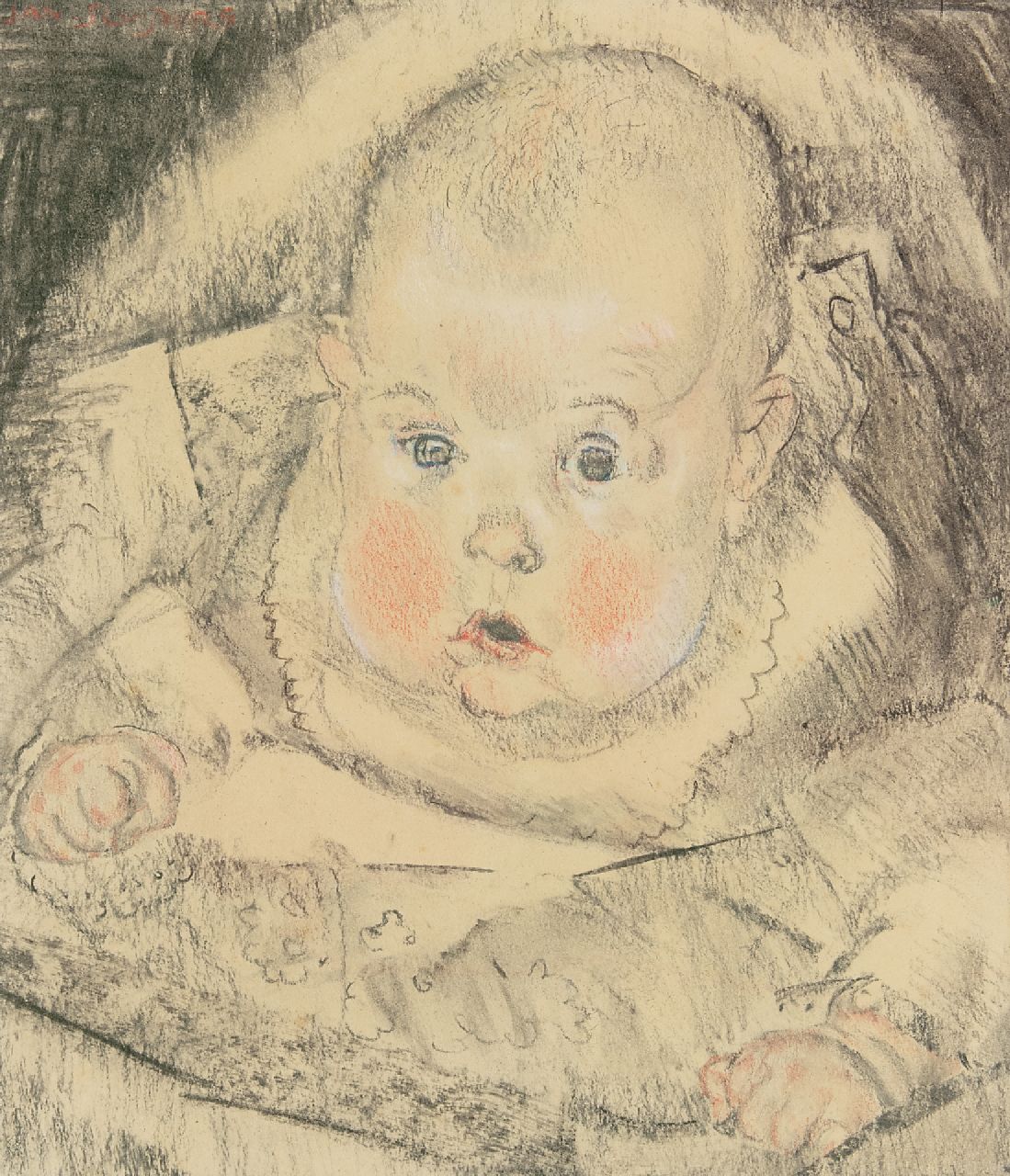 Sluijters J.C.B.  | Johannes Carolus Bernardus 'Jan' Sluijters | Aquarelle und Zeichnungen zum Verkauf angeboten | Baby in der Wiege, Holzkohle und Kreide auf Papier 29,0 x 25,3 cm, Unterzeichnet l.o.