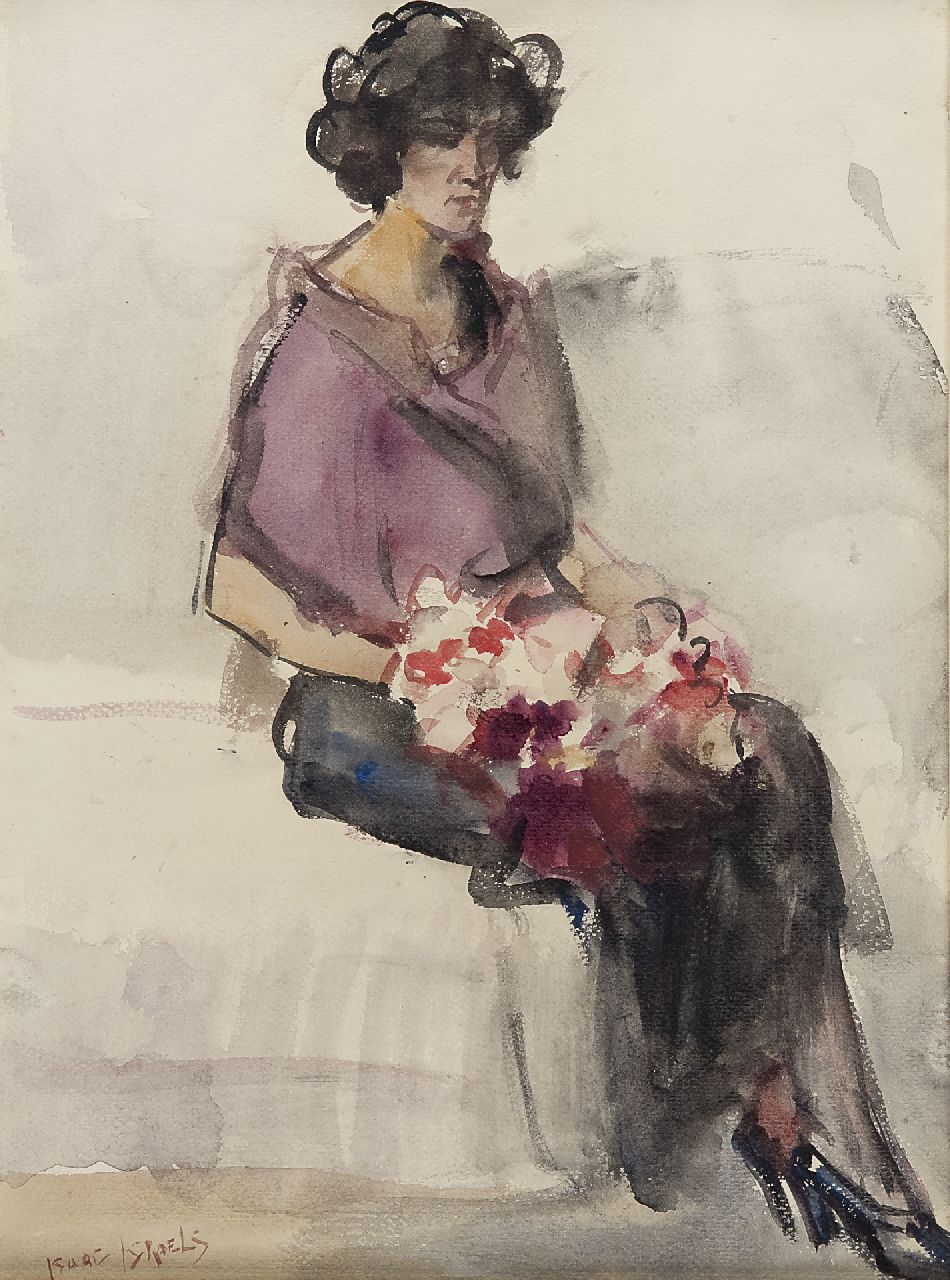 Israels I.L.  | 'Isaac' Lazarus Israels, Seated lady with flowers in Bern, Aquarell auf Papier 39,8 x 29,8 cm, signed l.l.