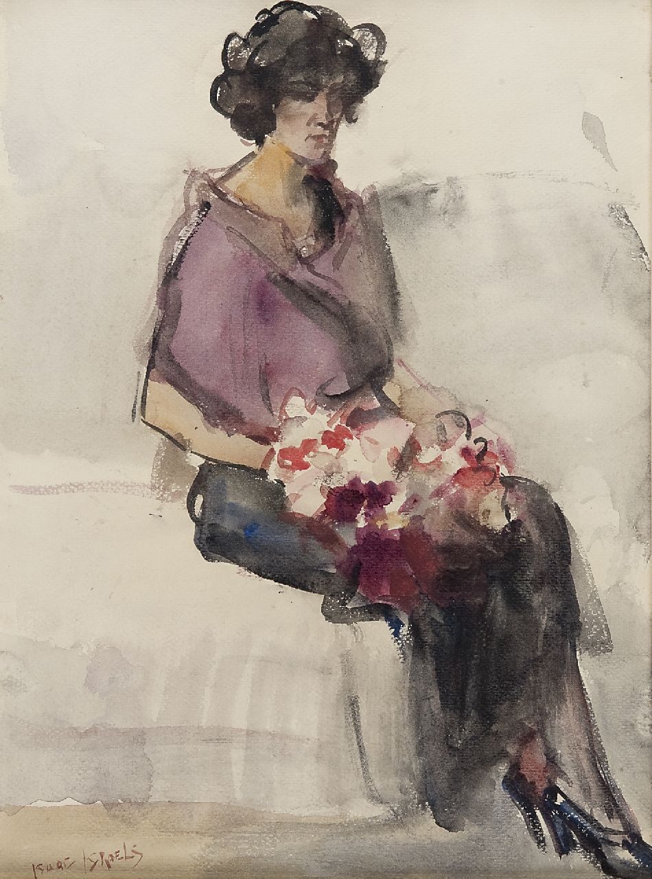 Israels I.L.  | 'Isaac' Lazarus Israels, Seated lady with flowers in Bern, Aquarell auf Papier 39,8 x 29,8 cm, signed l.l.