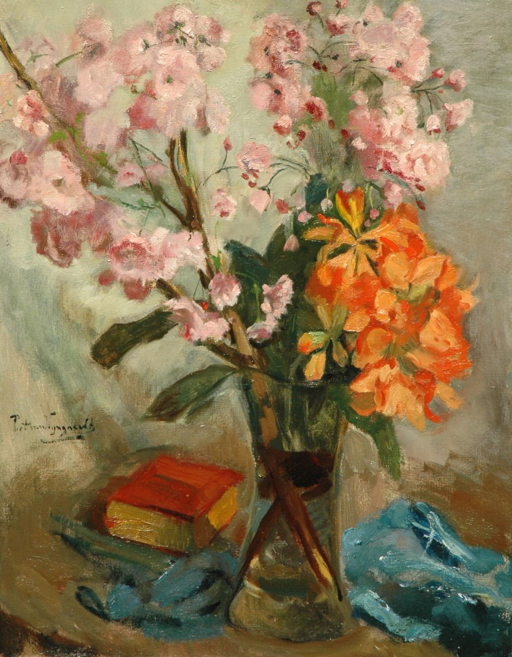 Wijngaerdt P.T. van | Petrus Theodorus 'Piet' van Wijngaerdt, Cherry blossom and azalea in a vase, Öl auf Leinwand 90,5 x 70,5 cm, signed m.l. and on the reverse