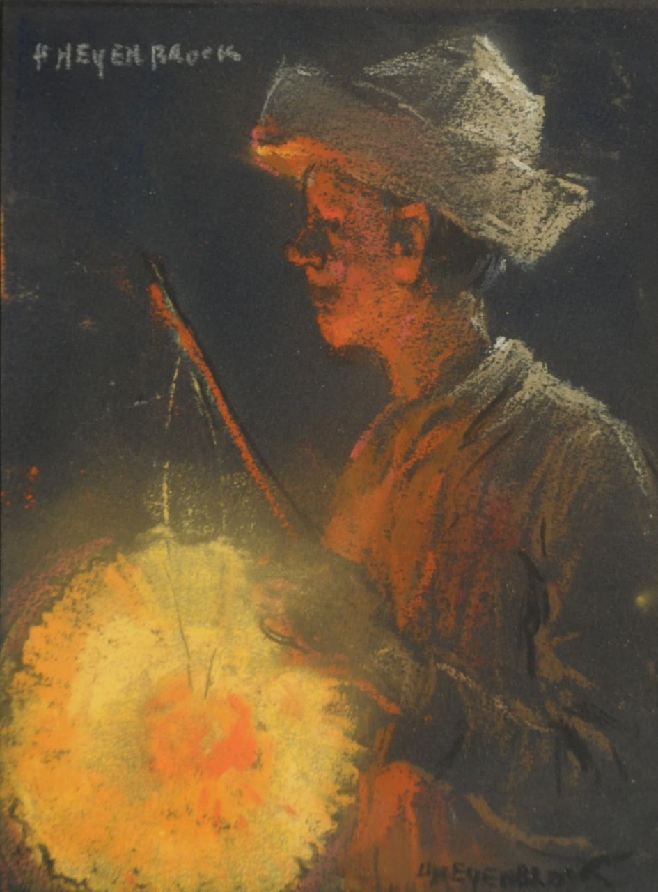 Heijenbrock J.C.H.  | Johan Coenraad Hermann 'Herman' Heijenbrock, Junge mit Lampion, Pastell auf schwarzem Papier 11,8 x 8,9 cm, Unterzeichnet signiert l.o. und r.u.