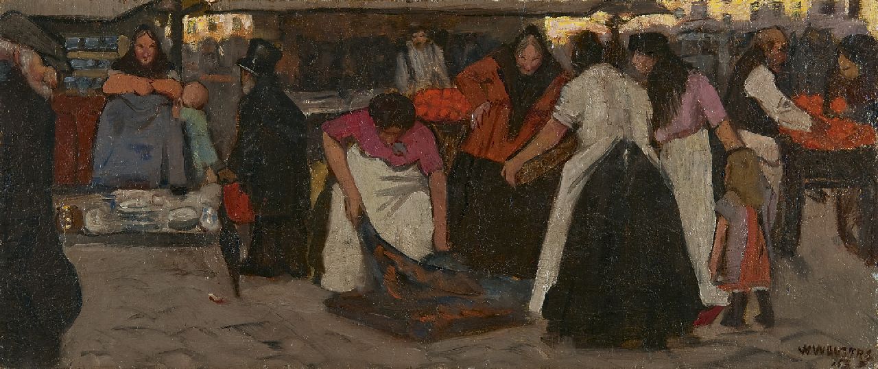 Wouters W.H.M.  | Wilhelmus Hendrikus Marie 'Wilm' Wouters, Figures at a market place, Öl auf Leinwand  auf Holzfaser 22,0 x 52,2 cm, signed l.r.