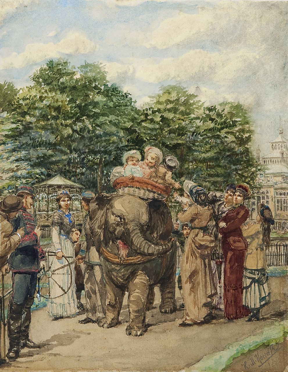Horrix H.M.  | Hendrikus Matheus 'Mathieu' Horrix, The zoo in The Hague: a ride on the elephant, Aquarell auf Papier 28,5 x 22,3 cm, signed l.r.