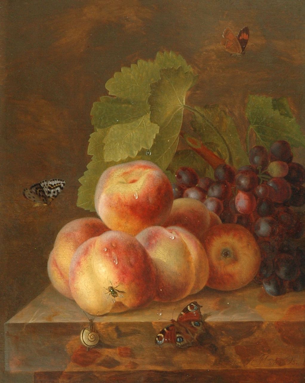 Os M.M. van | Maria Margaretha van Os, Still life with peaches and grapes, Öl auf Holz 40,1 x 32,0 cm, signed l.r.