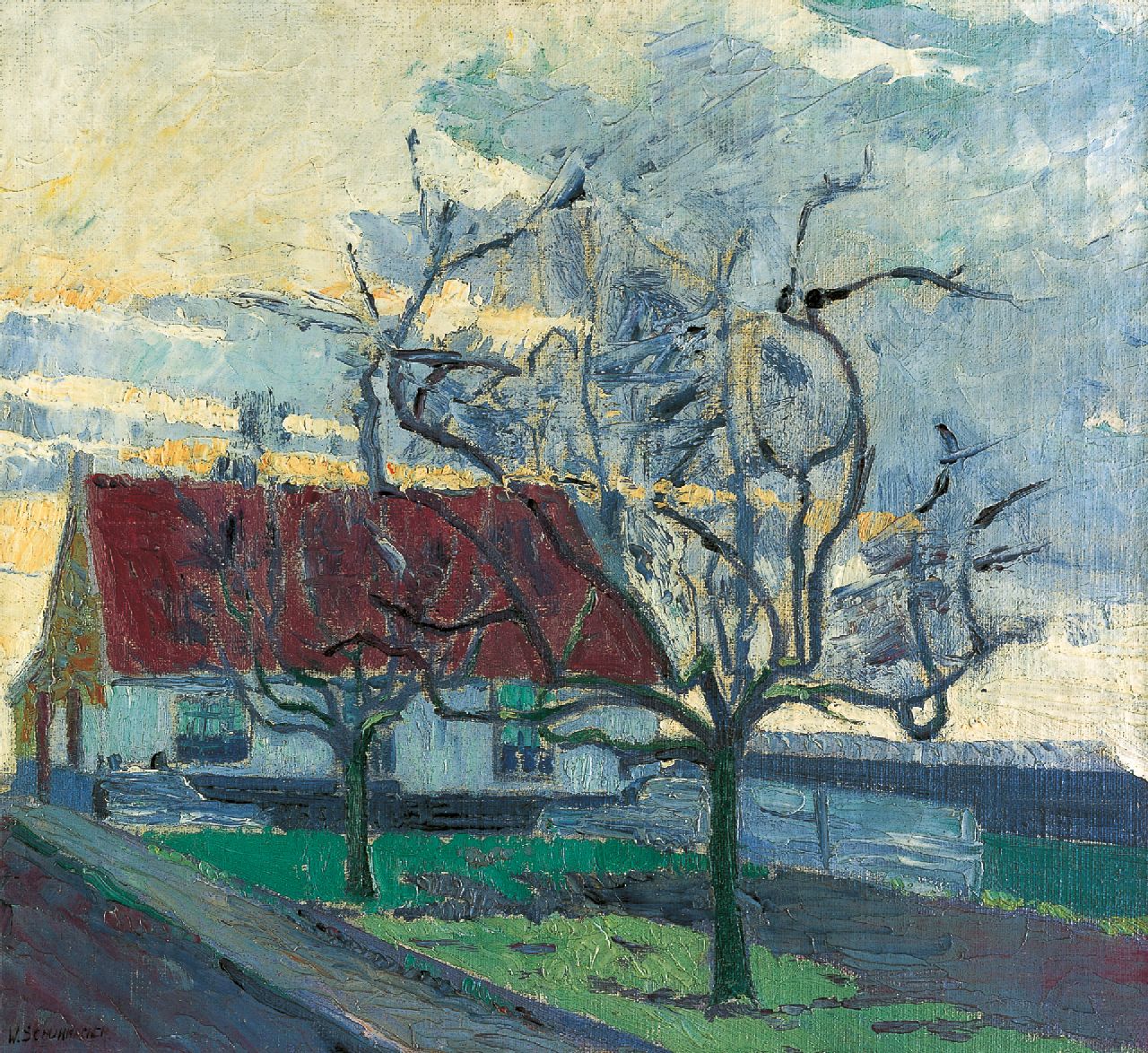 Schuhmacher W.G.C.  | Wijtze Gerrit Carel 'Wim' Schuhmacher | Gemälde zum Verkauf angeboten | Ein Bauernhof, Öl auf Leinwand 39,3 x 43,0 cm, Unterzeichnet l.u. und zu datieren um 1914