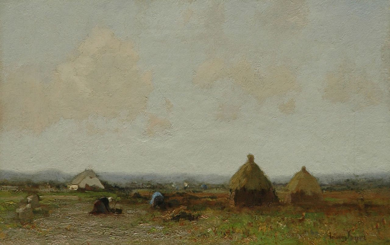Kuijpers C.  | Cornelis Kuijpers, Landscape with farmers, Öl auf Leinwand 28,2 x 43,9 cm, signed l.r.