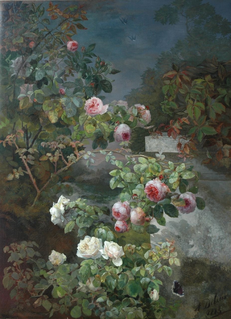 Debrus A.  | Alexandre Debrus, Roses and a butterfly near a garden wall, Öl auf Leinwand 125,7 x 92,0 cm, signed l.r. und dated 1883