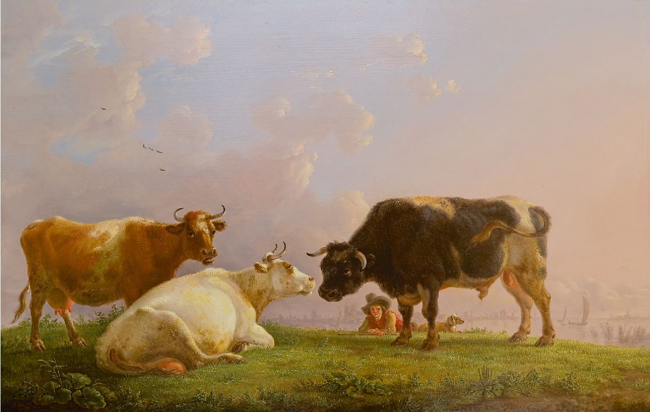 Roy J.B. de | Jean Baptiste de Roy | Gemälde zum Verkauf angeboten | Hirtenjunge mit Kühen und einem Stier, in der Ferne eine Stadt, Öl auf Holz 41,5 x 64,5 cm, Unterzeichnet u.r. und zu datieren um 1825-1835