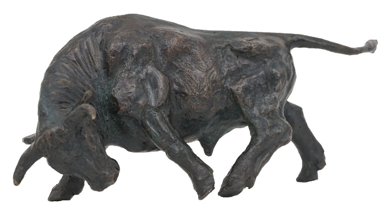 Lipensky F.J.  | Franz Josef Lipensky, Stier, Patinierte Bronze 7,5 x 17,0 cm, Unterzeichnet mit Monogramm auf dem Bauch