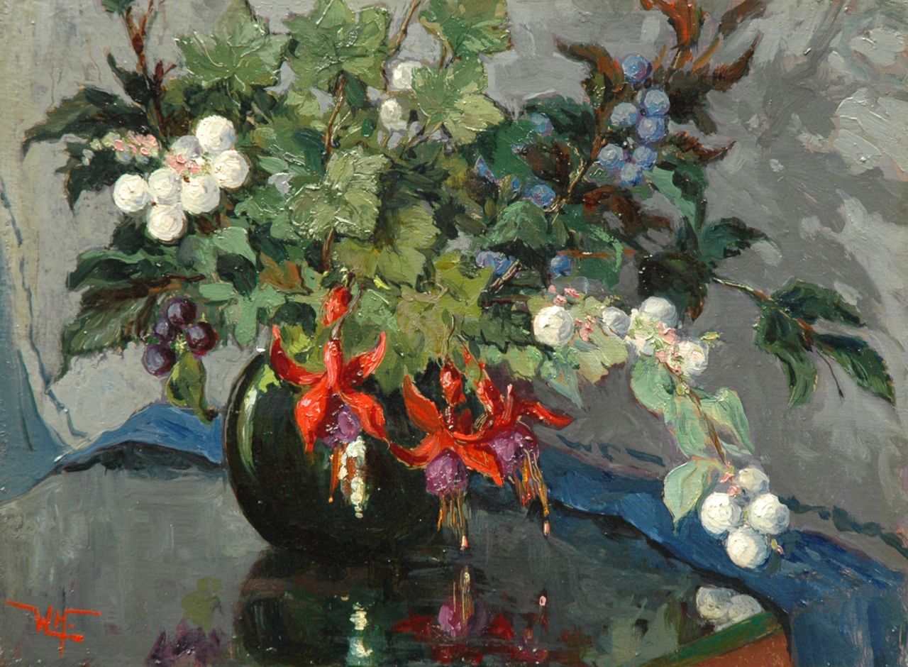 Willem Horselenberg | Berries and fuchsia in green glass vase, Öl auf Leinwand, 30,3 x 40,4 cm, signed l.l. with monogram