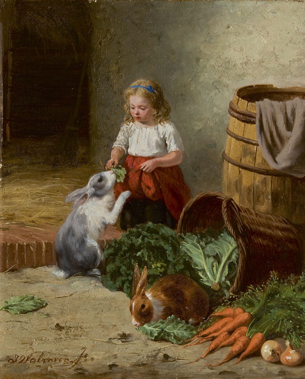 Walraven J.  | Jan Walraven, Feeding the rabbits, Öl auf Holz 33,9 x 27,6 cm, signed l.l. und dated 'Bruxelles 1878' on the reverse