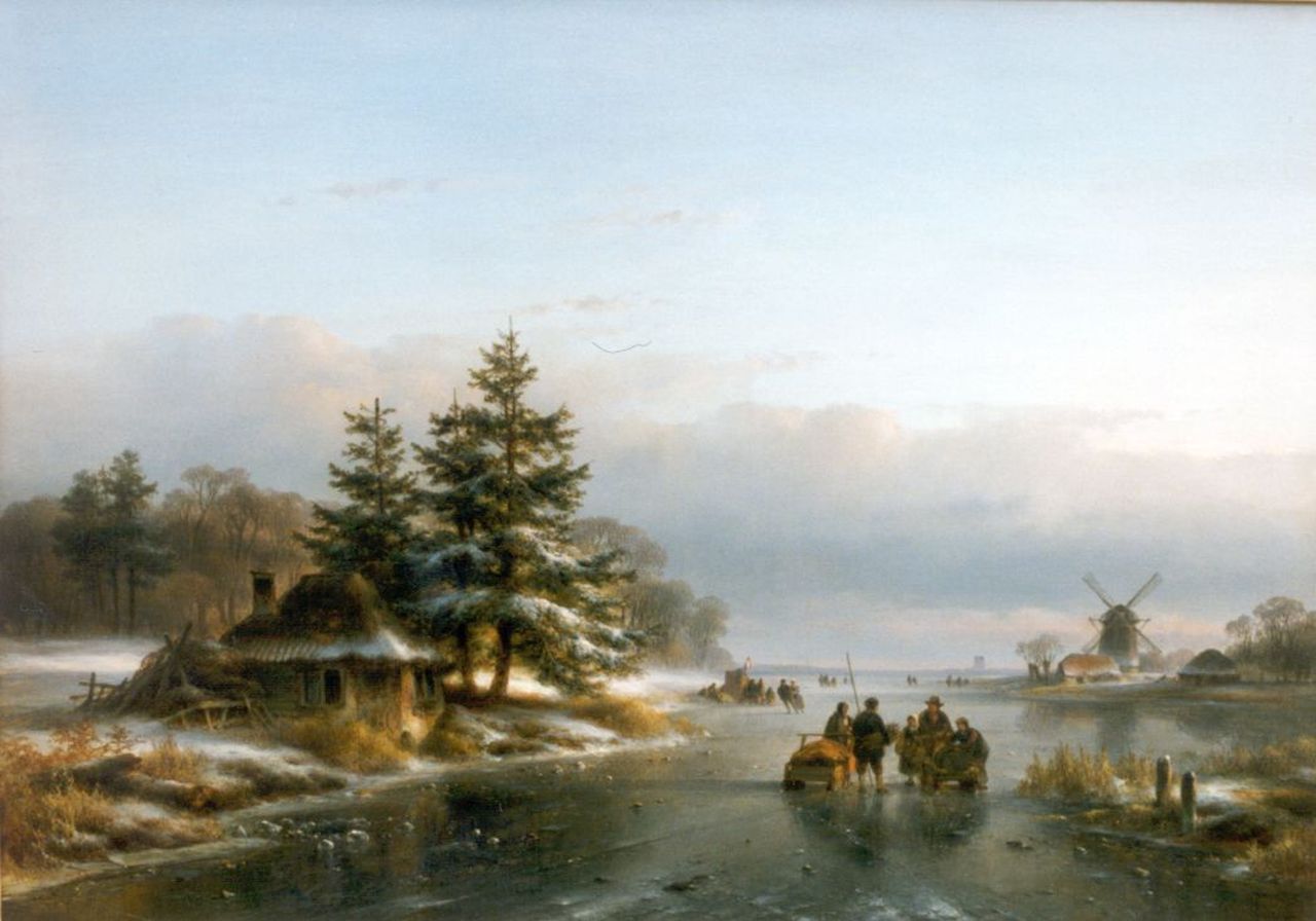 Kleijn L.J.  | Lodewijk Johannes Kleijn, A frozen waterway with skaters, Öl auf Holz 38,7 x 54,0 cm, signed l.r.