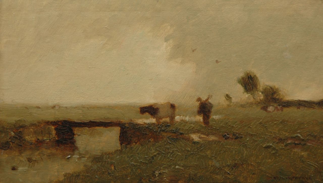 Knikker A.  | Aris Knikker, Farmer with cow in a polder landschape, Öl auf Holz 13,9 x 23,8 cm, signed l.r.