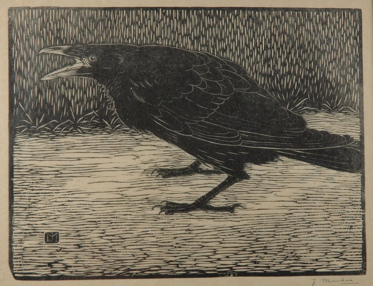Mankes J.  | Jan Mankes, Screaming crow, Holzstich auf Papier 18,3 x 23,8 cm, signed l.r. in full (in pencil) and with mon. in the bloc und executed in 1918