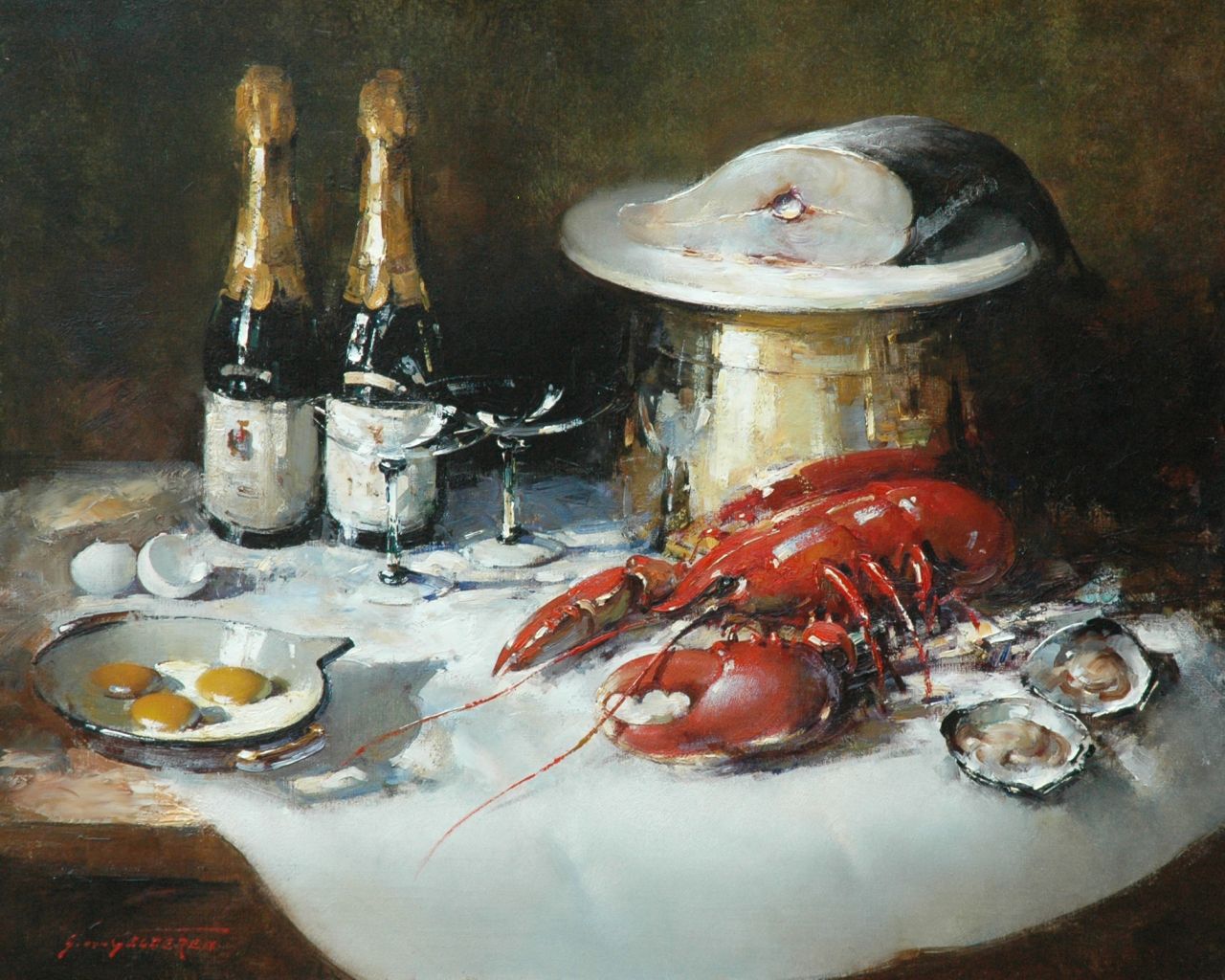 Gelderen S. van | Simon van Gelderen, Still life with a lobster, a fish and champagne, Öl auf Leinwand 65,2 x 80,1 cm, signed l.l.