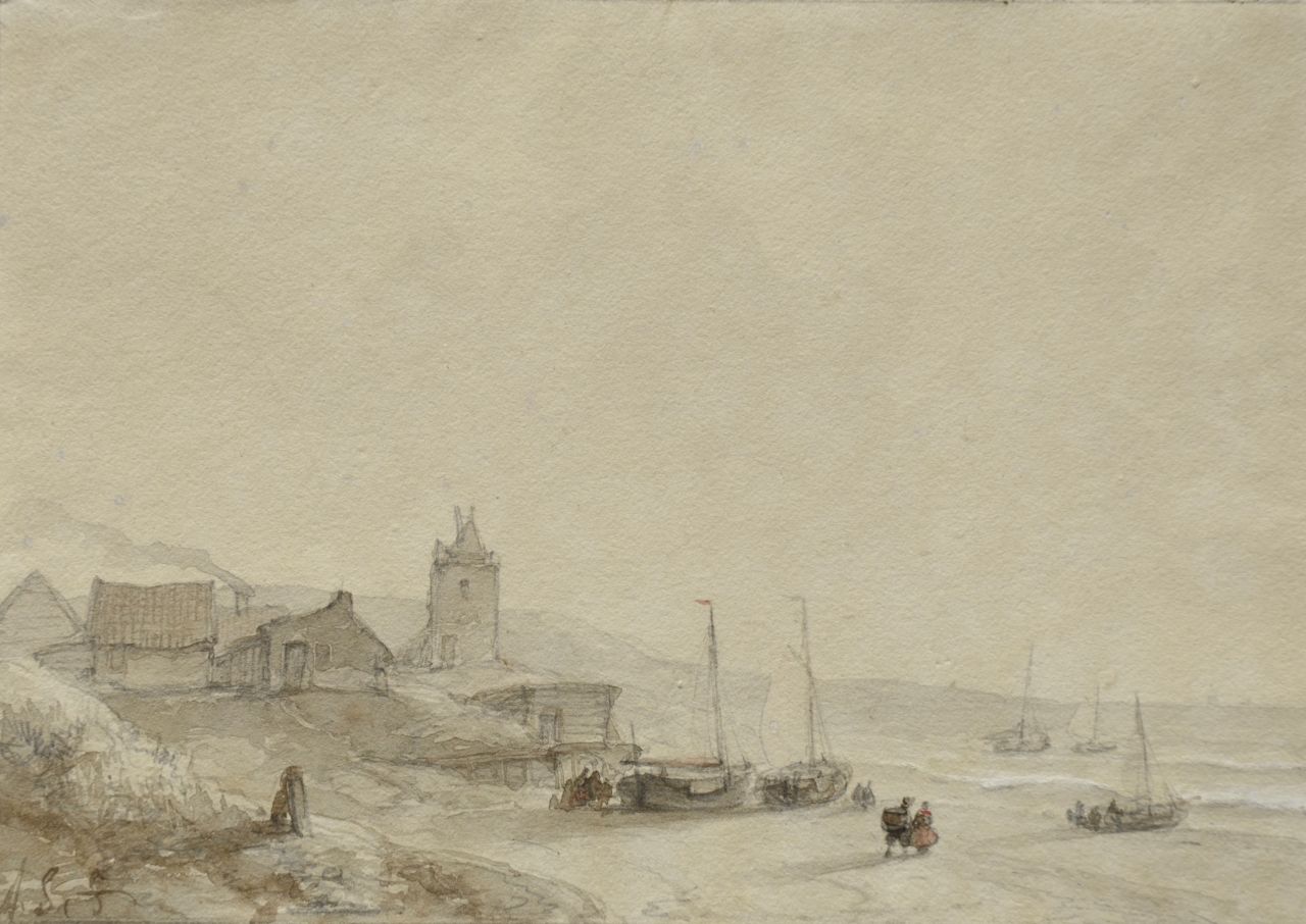 Schelfhout A.  | Andreas Schelfhout, Figures near fishing smacks on the beach, Getuschte Tinte und Aquarell auf Papier 13,0 x 19,0 cm, signed l.l. with initials