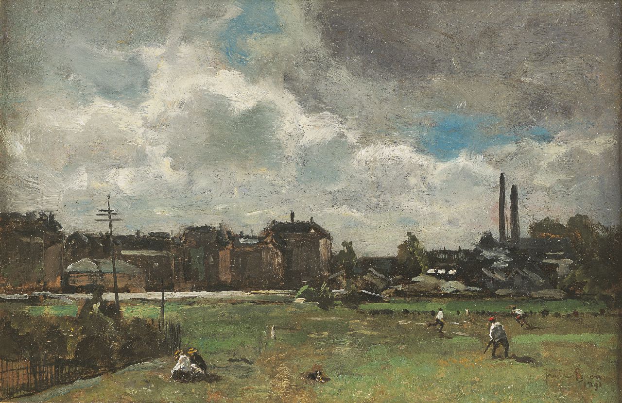 Essen J.C. van | Johannes Cornelis 'Jan' van Essen, Der Kricketplatz hinter dem Rijksmuseum, Amsterdam, Öl auf Leinwand auf Holz 17,6 x 26,6 cm, Unterzeichnet r.u. und datiert 1891